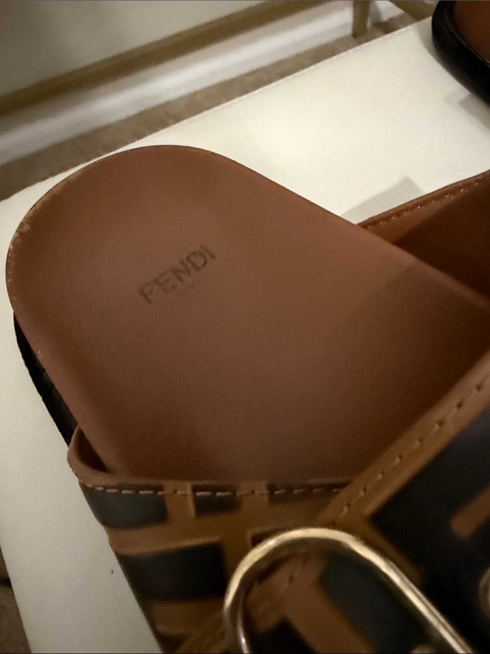 Fendi Tan and Black FF Logo Double Strap Slide Sandals - Picture 2 of 7